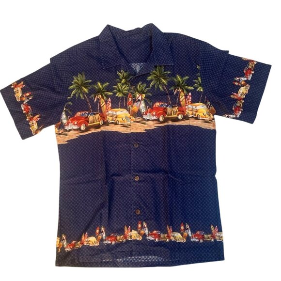 PALMWAVE HAWAIIAN BUTTON FRONT SHIRT-VINTAGE CARS, SURF BOARDS, PALM TREES L? - Picture 1 of 10